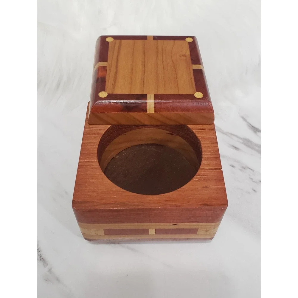 Trinket Storage box inlaid wood SWING OPEN LID MCM Vintage Pill Box Vanity